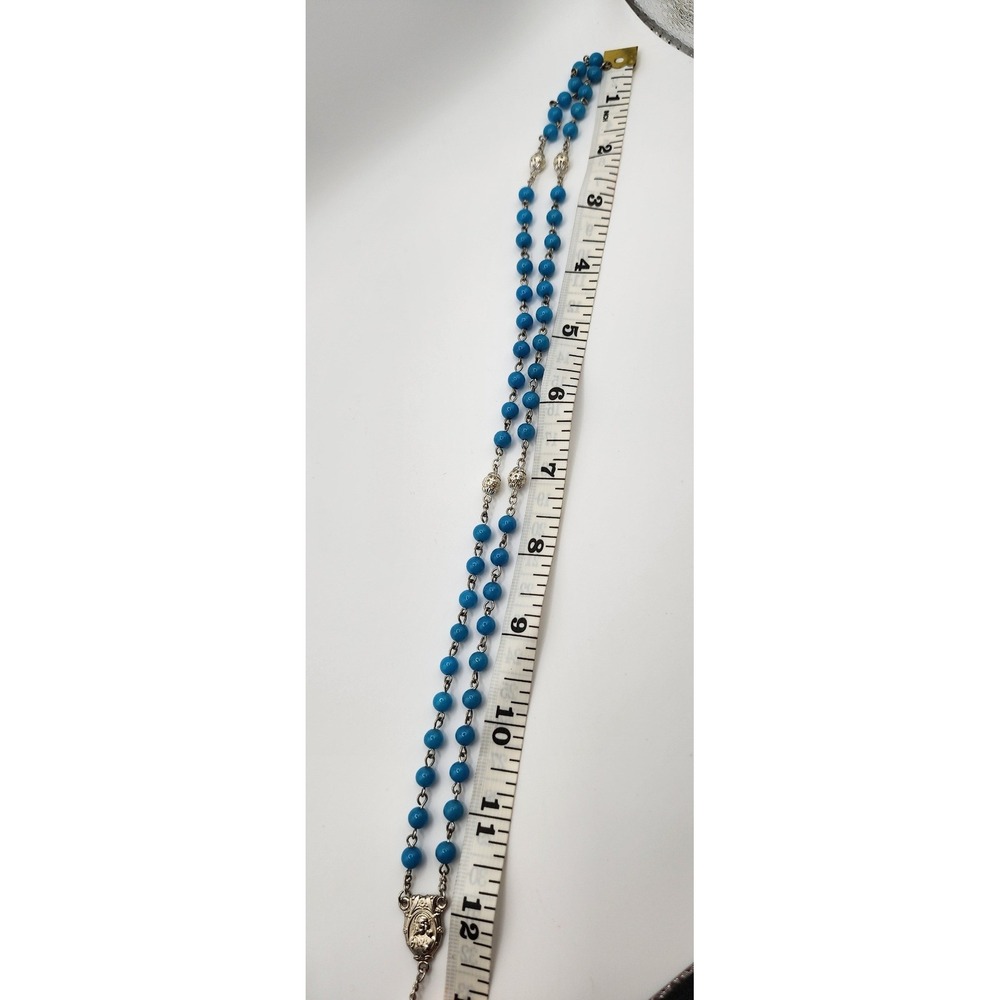 Italy Rosary Necklace Blue Beads Silver Metal Crucifix Catholic Prayer Beads - Picture 8 of 9